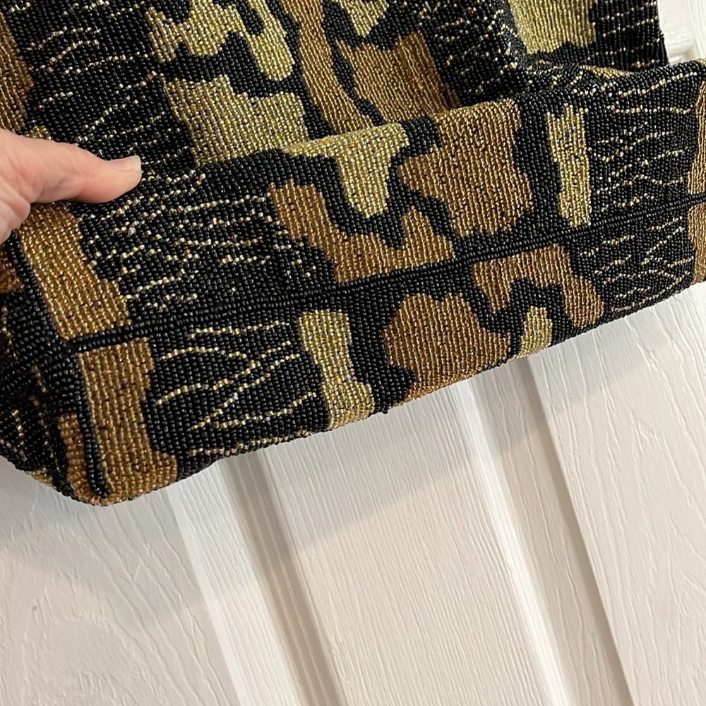 VINTAGE CHRISTIANA ANIMAL PRINT FULL BEADED SHOULDER BAG BLK GOLD TAN - Picture 8 of 12